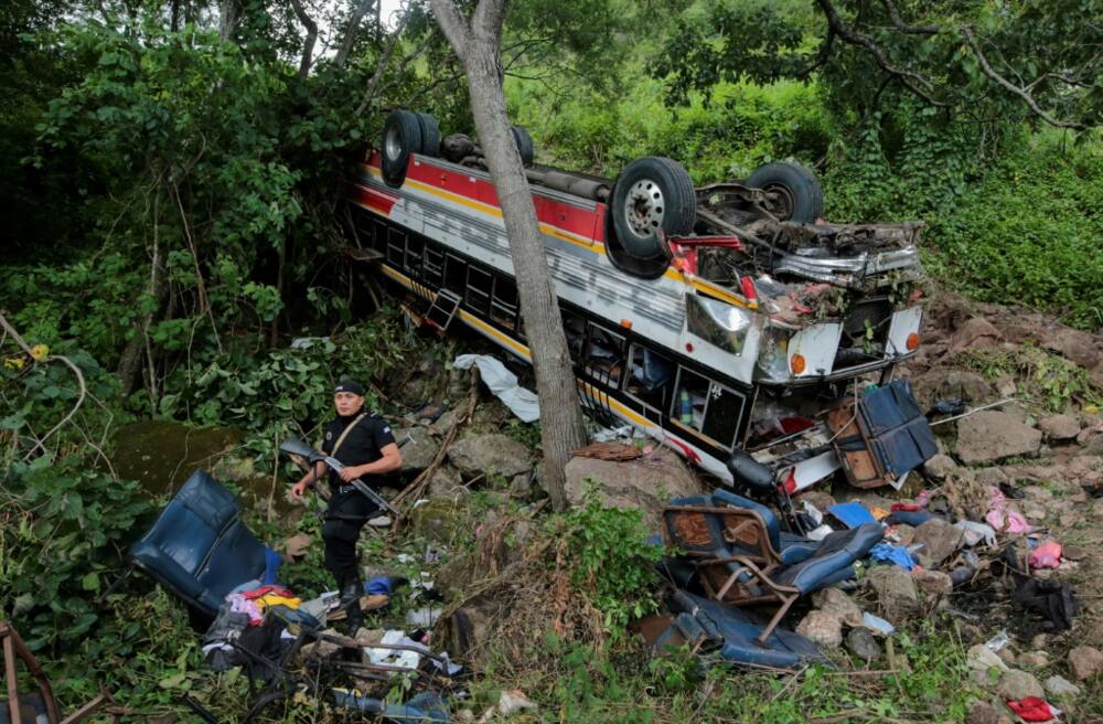 A bus is seen after it crashed along the Pan-American highway in northern Nicaragua -- 16 people were killed