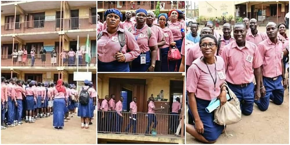 Reactions as old students storm their secondary school after 30 years, wear uniforms and march to class.