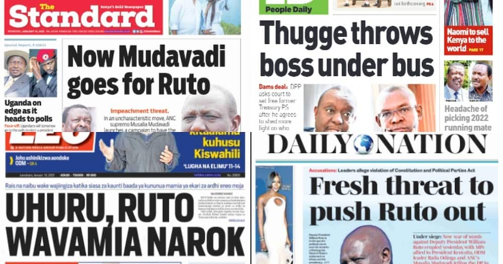 Kenyan newspapers review for January 13: William Ruto Ruto henchmen say it's impossible for "village party with 10 MPs to impeach DP"