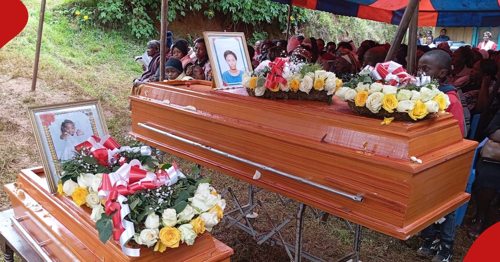 The caskets bearing the remains of Maureen Wangui and her daughter.