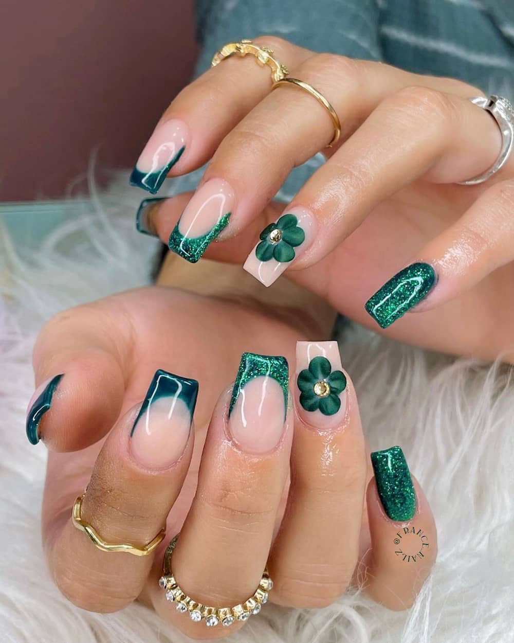 Flower glitter St. Patrick's Day nails