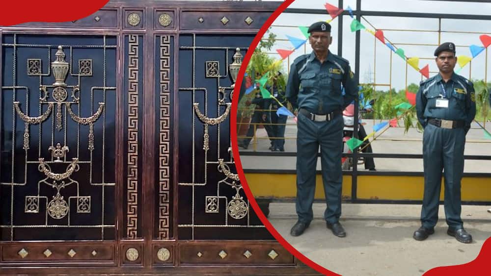 Modern gate design and security officer standing in front of a gate.