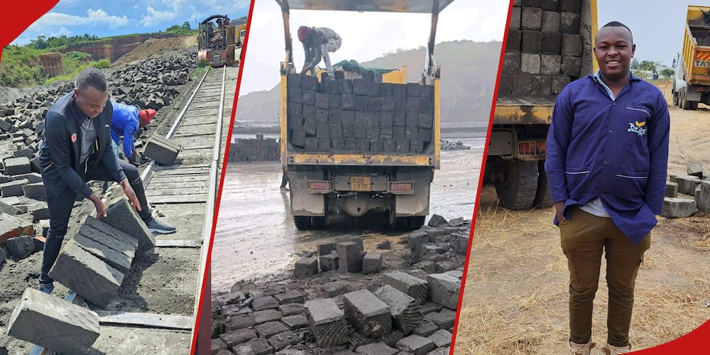 Left and right: Brayo Wa Ndarugo Mawe at his quarry in Nairobi.
Middle: Njoroge on top of the truck onloading stones.