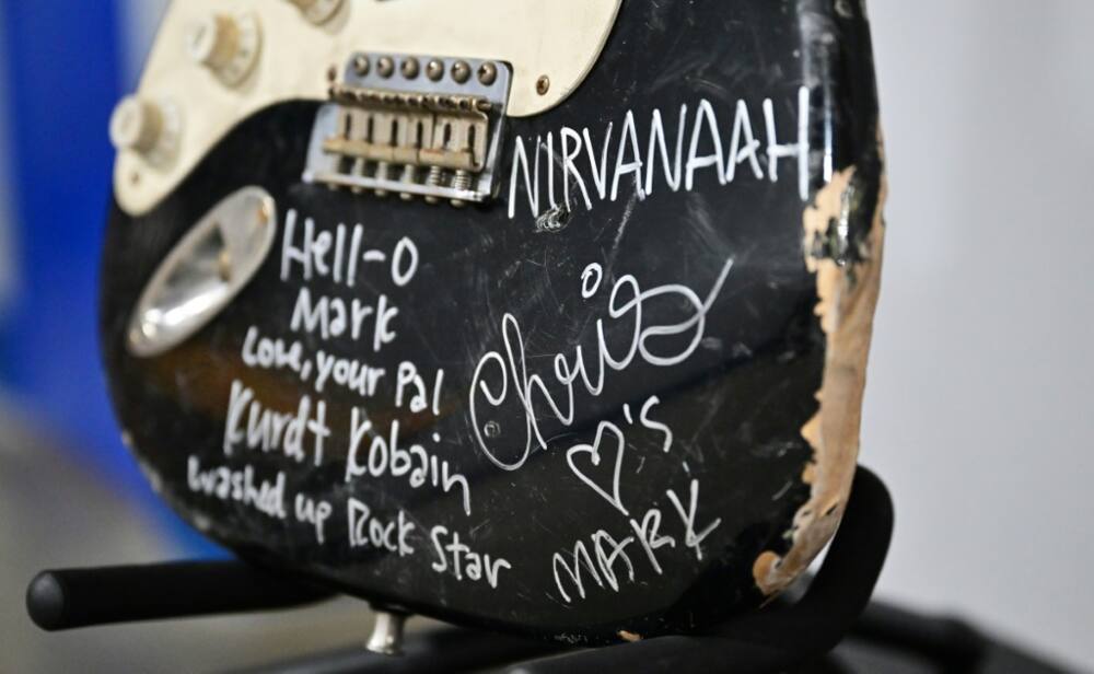The late rockstar Kurt Cobain's smashed Fender Stratocaster on display at Julien's Auctions in Gardena, California