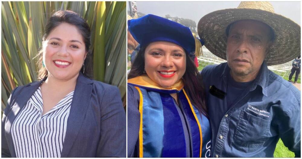 Ana Guerrero, lady graduated from the university where dad is a cleaner, groundskeeper, PhD graduate celebrates dad.