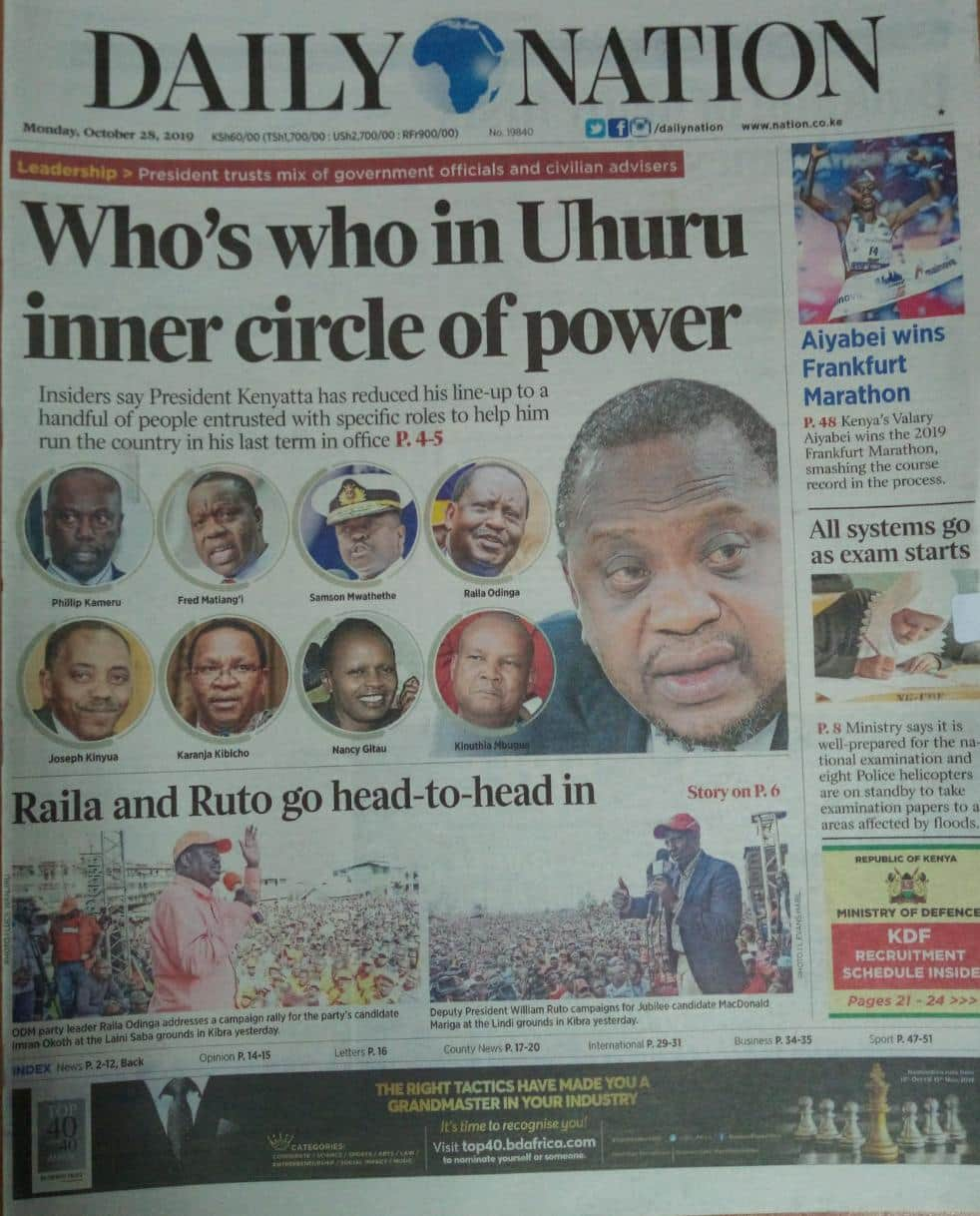 Kenyan newspapers review for October 28: Ruto, Raila scrambling for President Uhuru's name to woo voters in Kibra