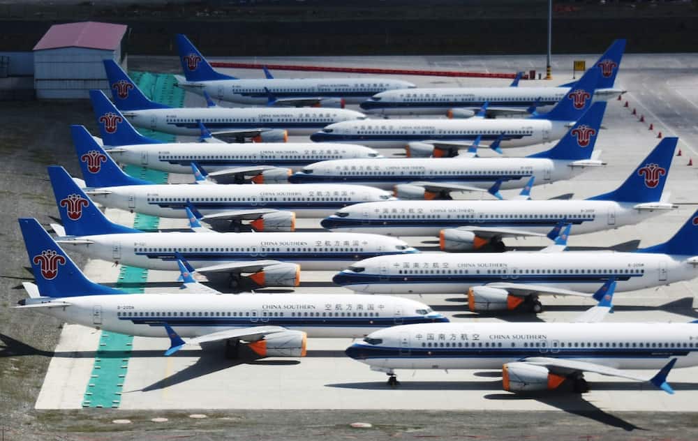 Boeing 737 MAX aircraft sit parked in China's western Xinjiang region in 2019