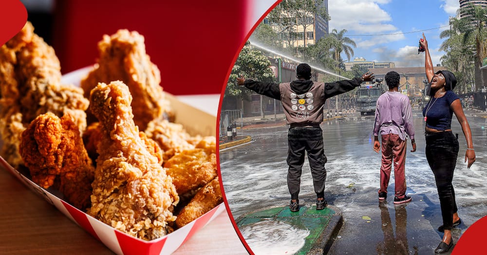 A photo of KFC chicken (l), Kenyans (r) protest against the anti-Finance Bill 2024.
