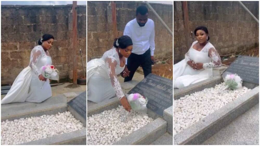 Lady in white wedding gown/Bride visited dad's grave.