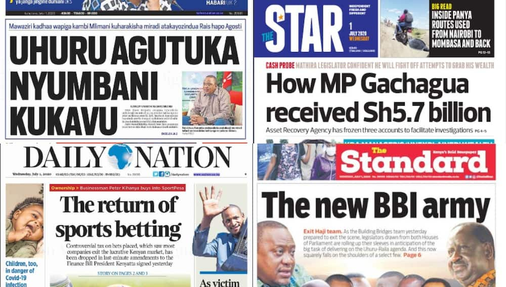 Kenyan newspapers review for July 1: 15 key players Uhuru, Raila are banking on to ensure BBI rolls smoothly in Parliament