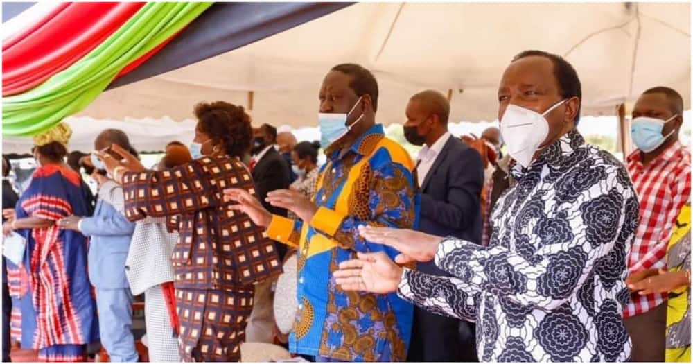 The ODM leader Raila Odinga in the company of Wiper Party leader Kalonzo Musyoka and Kitui Governor Charity Ngilu at Kalembe Ndile's burial.