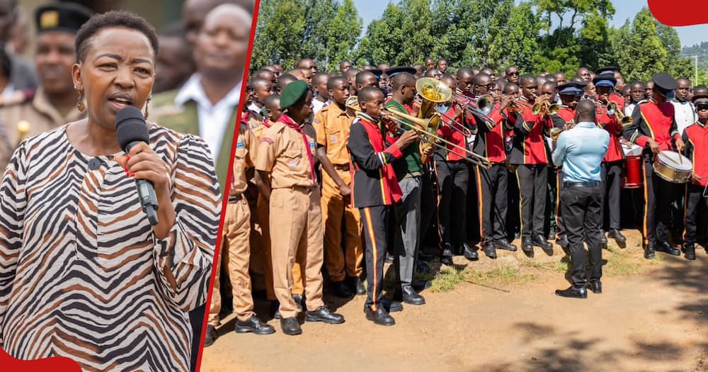 Mama Rachel Ruto delivering a speech at a past event (l). Kisii High School band performing (r).