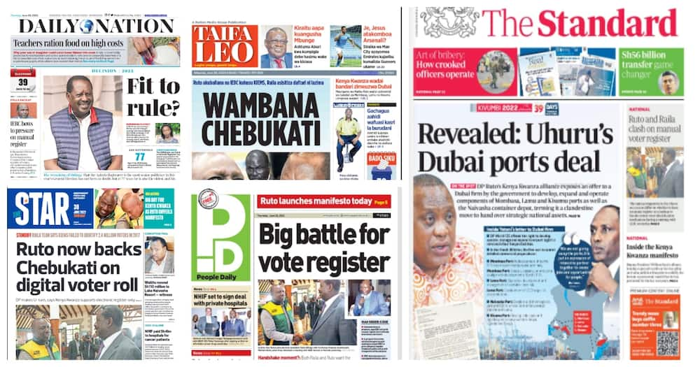 Kenyan newspapers. Photo: Screengrabs from The Standard, Daily Nation, The Star, People Daily and Taifa Leo.