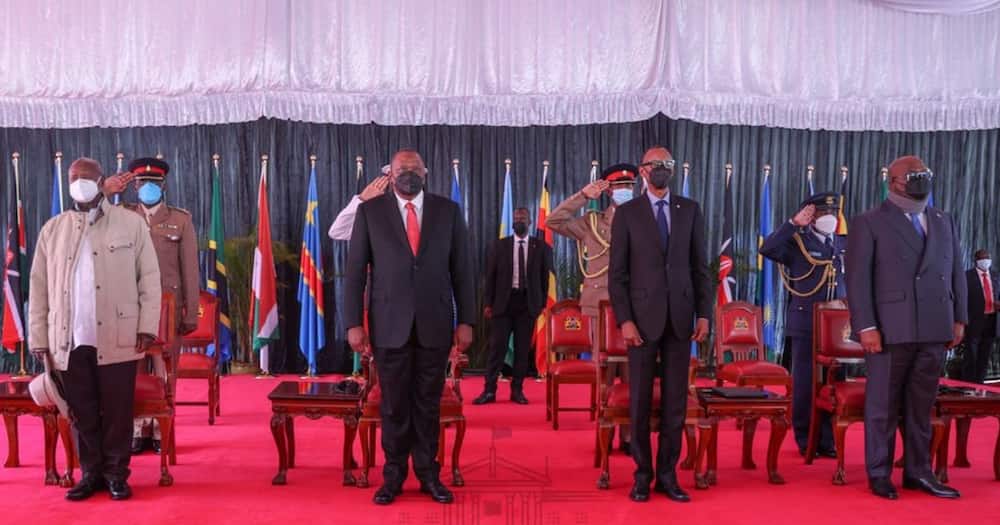 Kutokea kushoto marais Yoweri Museveni (Uganda), Uhuru Kenyatta (Kenya), Paul Kagame (Rwanda) na Felix Tshisekedi (DR Congo). Picha: State House Kenya.