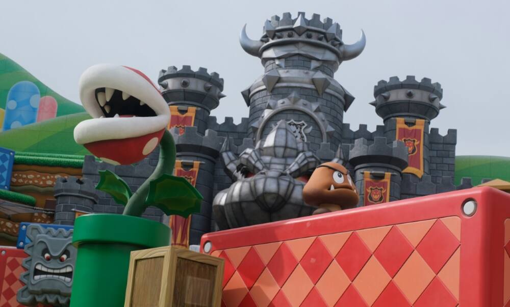 Mechanical Yoshis, Piranha Plants and Goombas from the beloved Super Mario gaming franchise greet visitors at Super Nintendo World