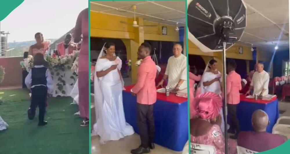 Nigerian bride and groom wed in corner of church hall in video, use dad's car park for reception