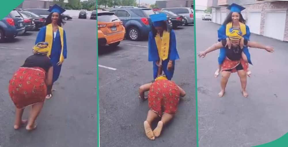 Video of proud mum dancing barefooted to celebrate daughter's graduation trends.