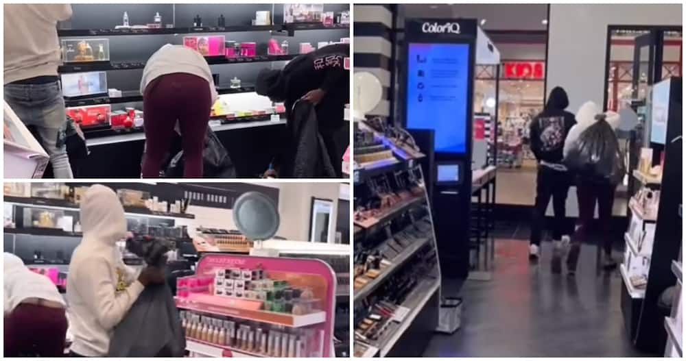Thieves casually clean out shelves at cosmetics store as employees, customers watch helplessly.