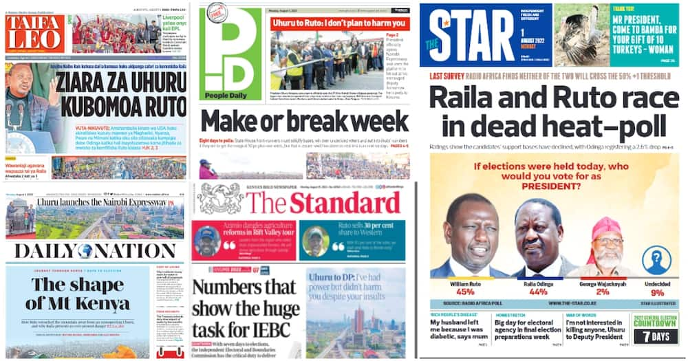 Kenyan newspapers. Photo: Screengrabs from The Standard, Daily Nation, The Star, People Daily and Taifa Leo.