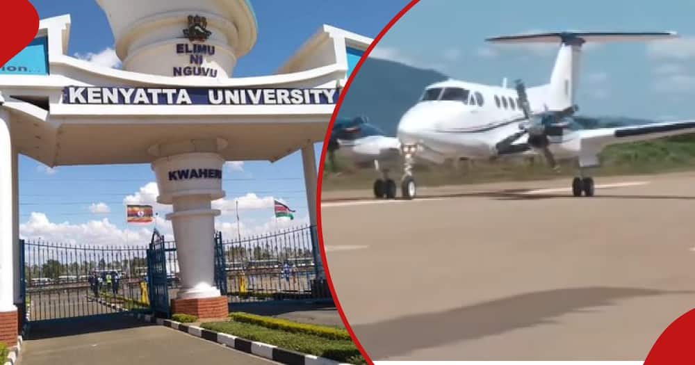 Kenyatta University's main entrance and plane used to airlift the students to hospital pictured side by side.