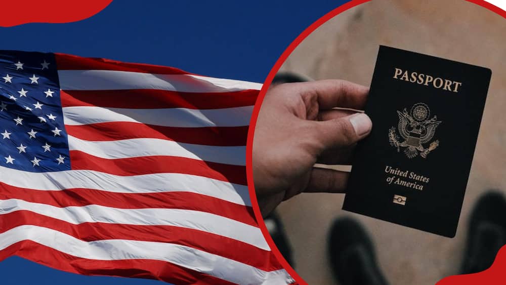 A collage of USA flag and passport