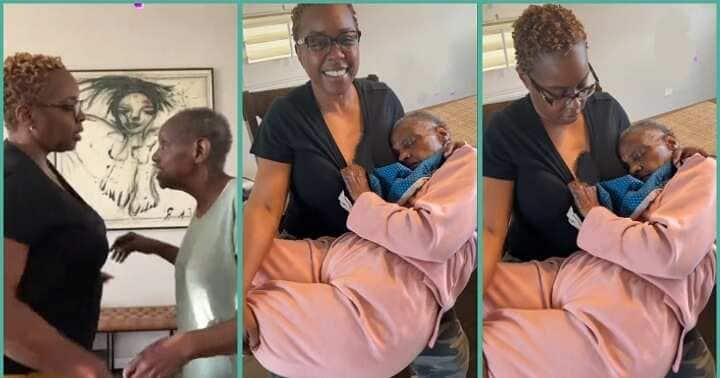 Lady carries sick mum on her lap, pampers her in touching clip
