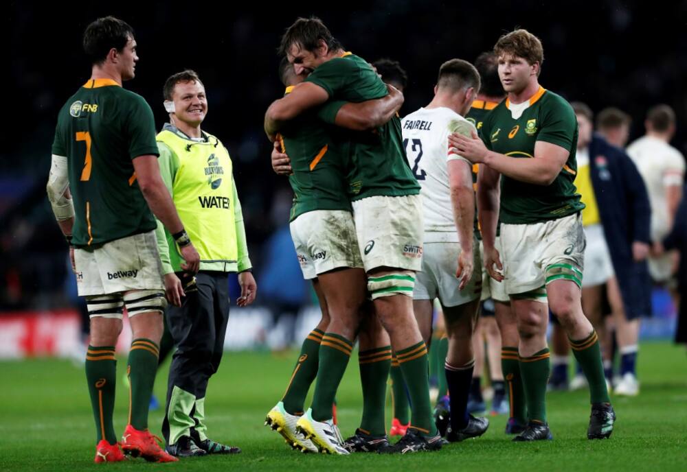 Joy of victory - South Africa player celebrate after a 27-13 win over England at Twickenham