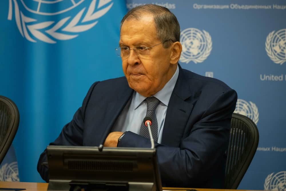 Russian Foreign Minister Sergei Lavrov speaks to the press at the United Nations on September 24, 2022