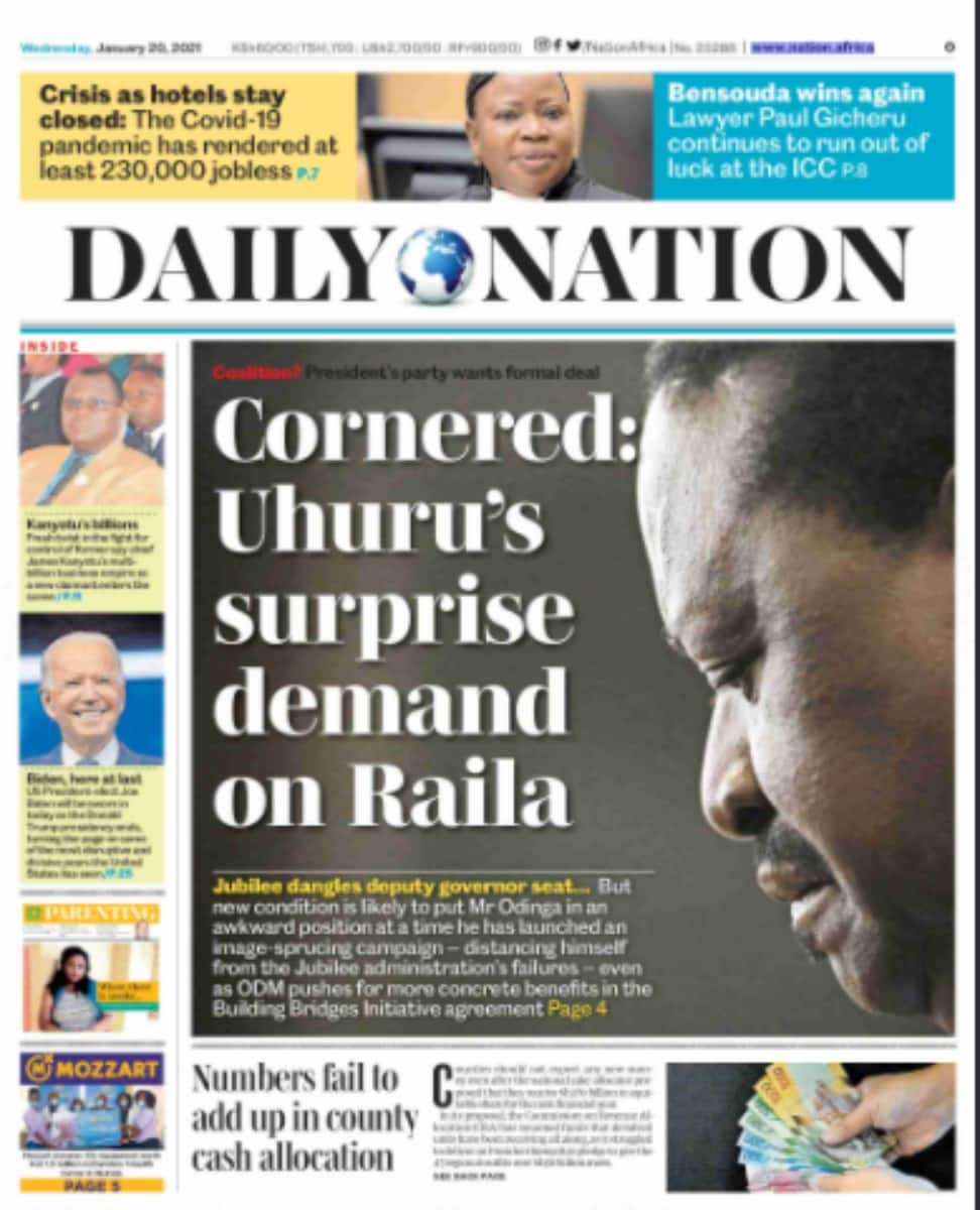 Kenyan newspapers review for January 20: Uhuru makes new demands on handshake deal with Raila