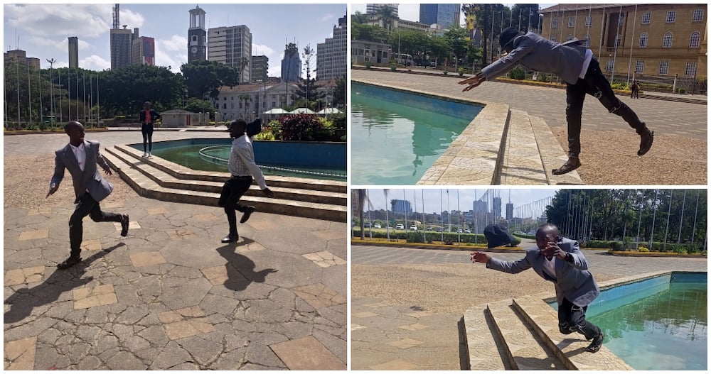 Man poses funnily at KICC's fountain.