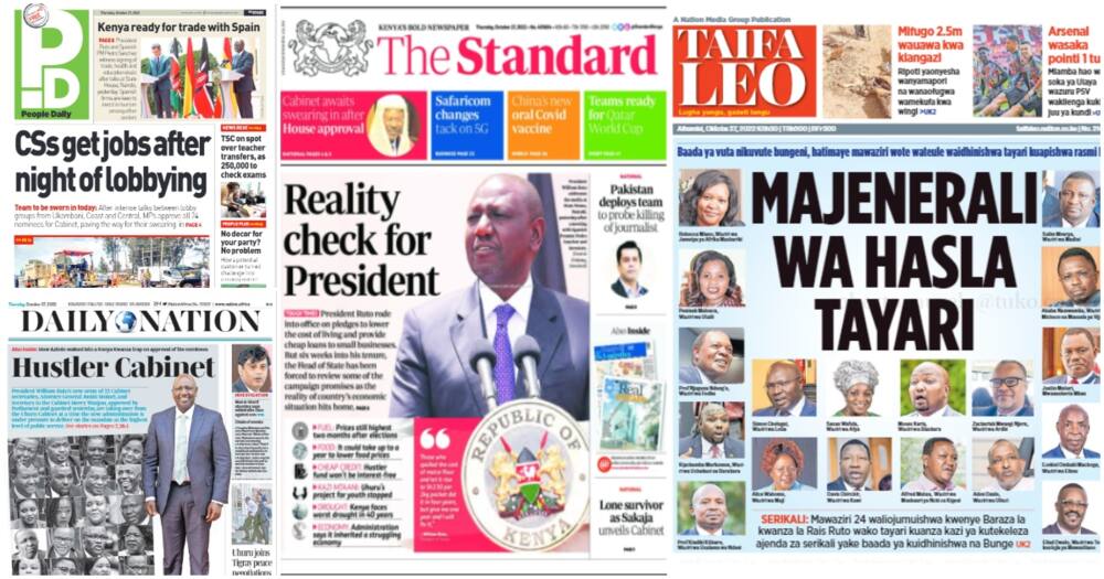 Kenyan newspapers. Photo: Screengrabs from The Standard, Daily Nation, People Daily and Taifa Leo.