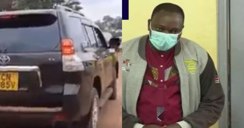 Ayub Kinyanjui Muigai was arrested after a video of his 7-year-old son driving the posh Toyota Prado TX went viral. Photo: Screenshot/Road alerts.