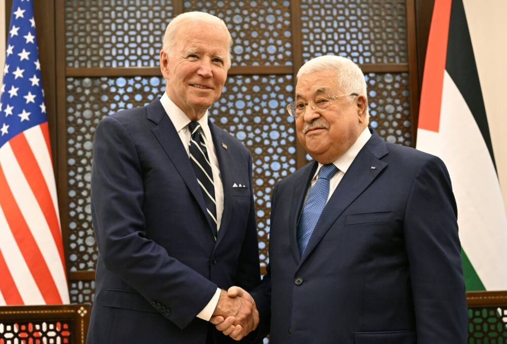 US President Joe Biden meets with Palestinian president Mahmud Abbas in the occupied West Bank city of Bethlehem. Biden's communications team had said he would limit physical contact with those he met, citing coronavirus concerns