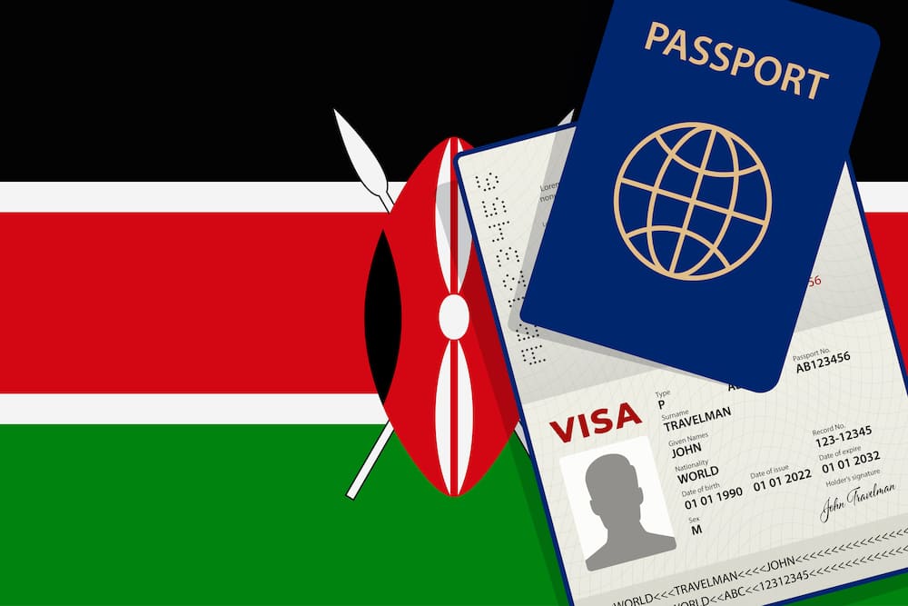 Visa to Kenya, Passport, and Kenyan Flag Background.