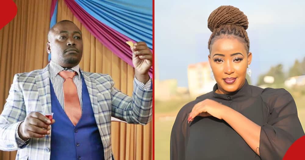 Pastor Kanyari giving communion to his church(left), Rish Kamunge poses for a photo(right).