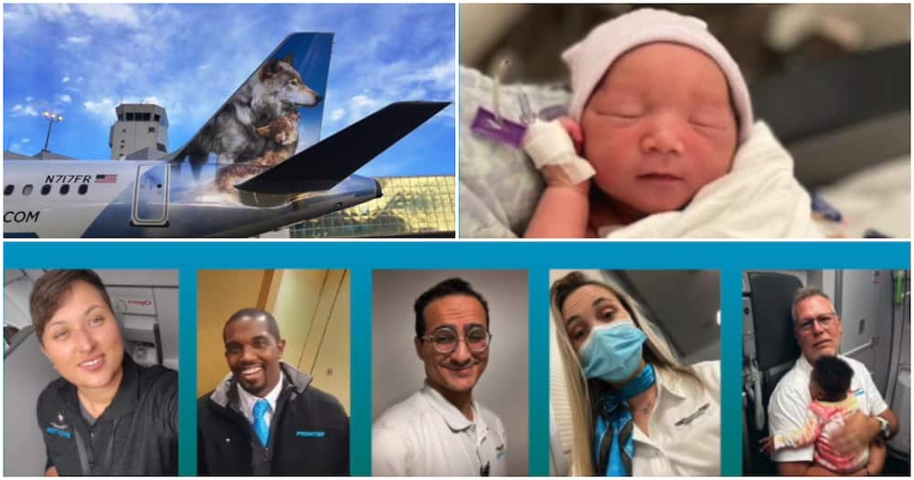 Frontier Airlines crew and Sky, the newborn baby.