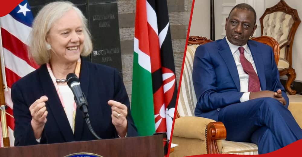 Meg Whitman during a press conference (r) and William Ruto during meeting with Angola’s Minister of Economy and Planning Victor Guilherme.