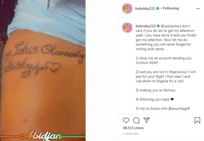 Bobrisky gifts another fan N1 million for tattooing his full name on her body