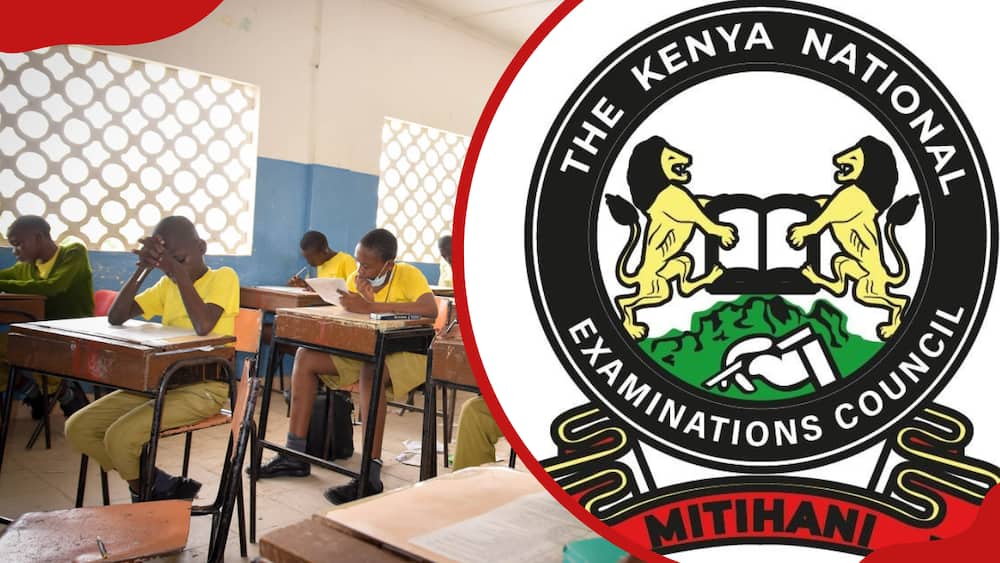 A collage of pupils taking an examination and the KNEC logo