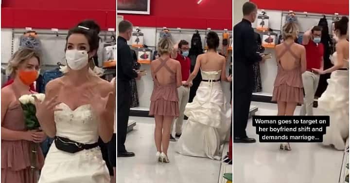 Lady demands marriage, boyfriend's workplace, wedding gown