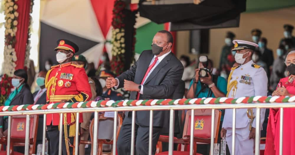 President Uhuru Kenyatta dancing during Madaraka Day celebration in Kisumu. Photo: Philosopher.