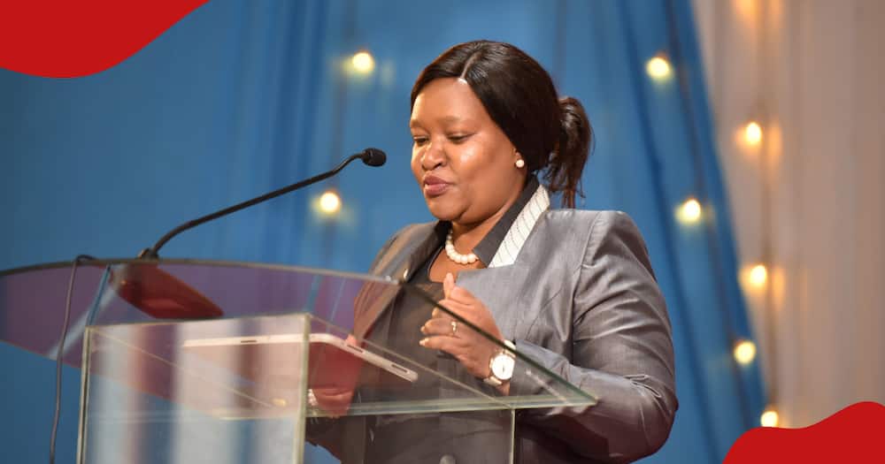 Trade CS Rebecca Miano speaking at a recent government conference.