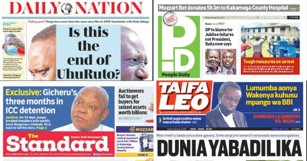Newspapers review for Feb 5: Uhuru tears into Ruto's loyalty at Moi anniversary