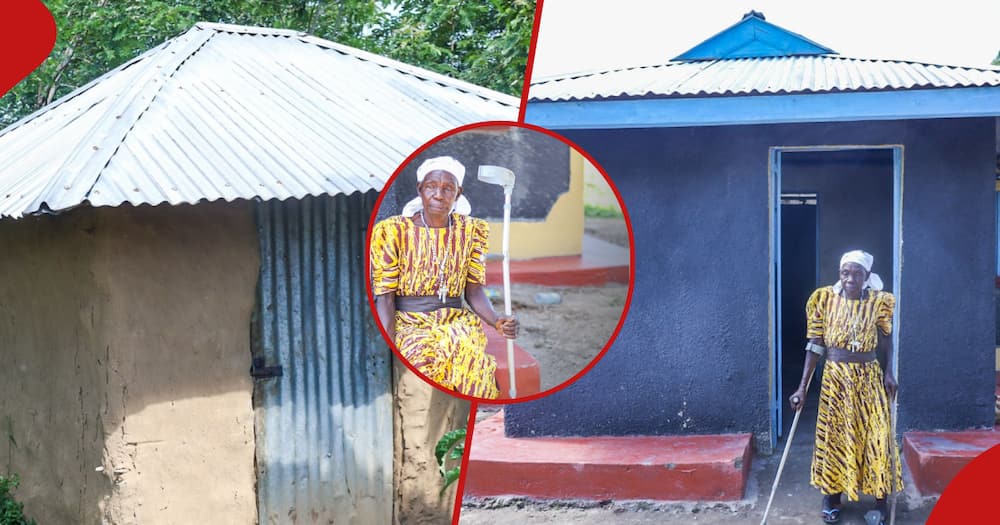 Siaya widow (r) poses outside her new house she was gifted by PS Raymond Omollo, widow's old house (l), insert shows the widow with crutches.