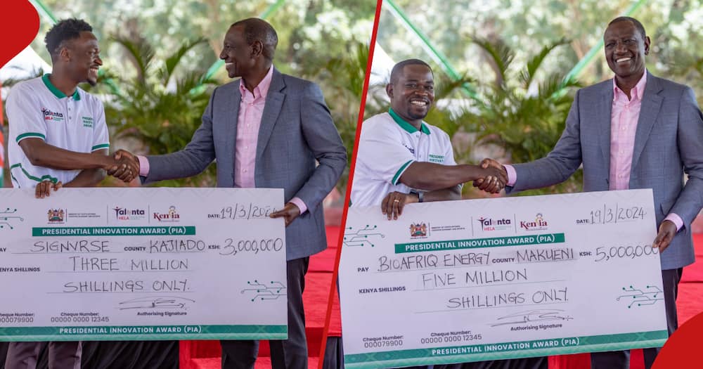 William Ruto presents cheques during Presidential Innovation Award ceremony.