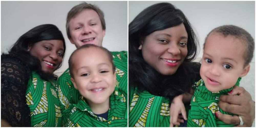 Nigerian lady storms important England birthday party in native wear with Oyinbo husband & son in cute photos