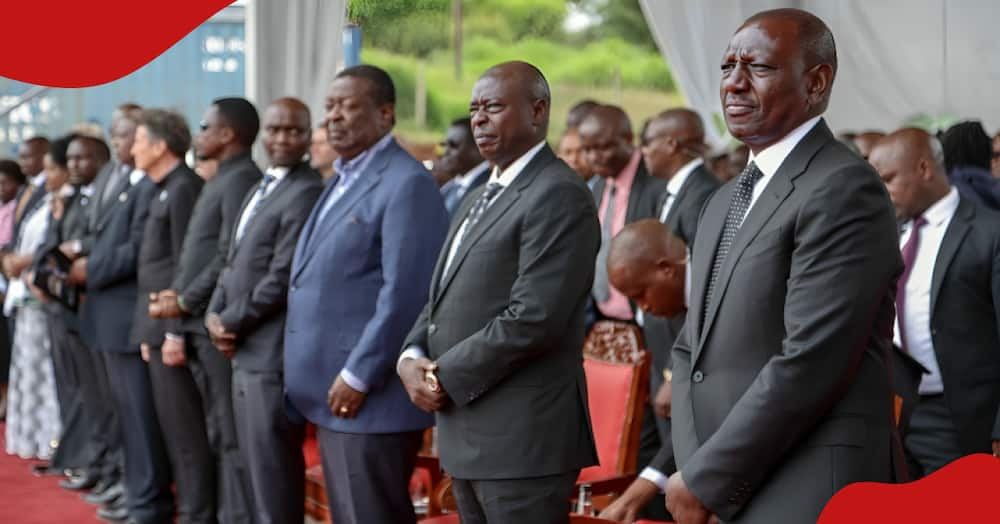 From right: President William Ruto, Deputy President Rigathi Gachagua, and Prime Cabinet Secretary Musalia Mudavadi during Kelvin Kiptum's burial.