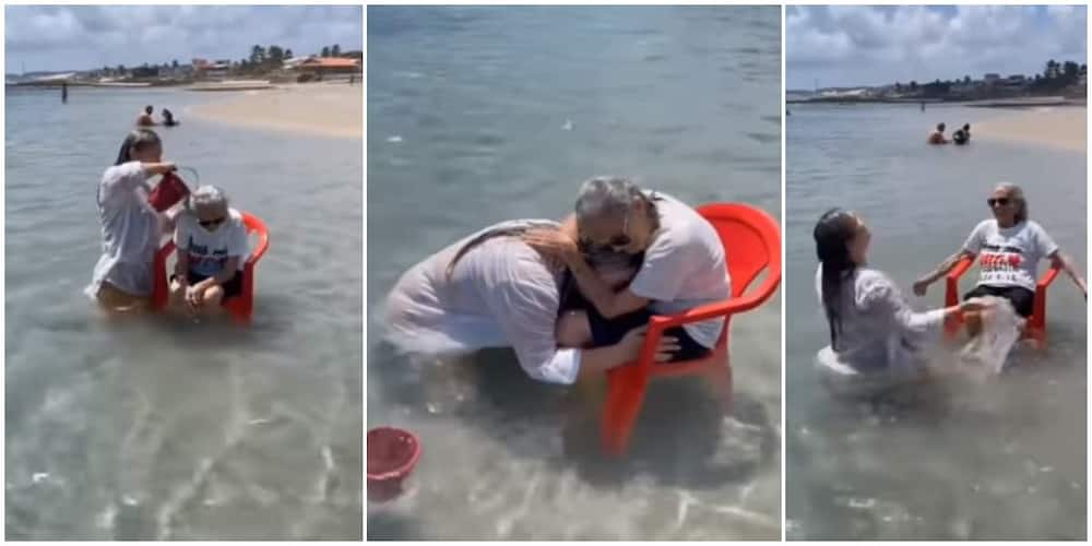 An emotional video shows a lady bathing her 94-year-old grandmother in the ocean to help the woman fulfil her dream. Photo Credit: Screengrabs from video shared by @goodnews_movement.