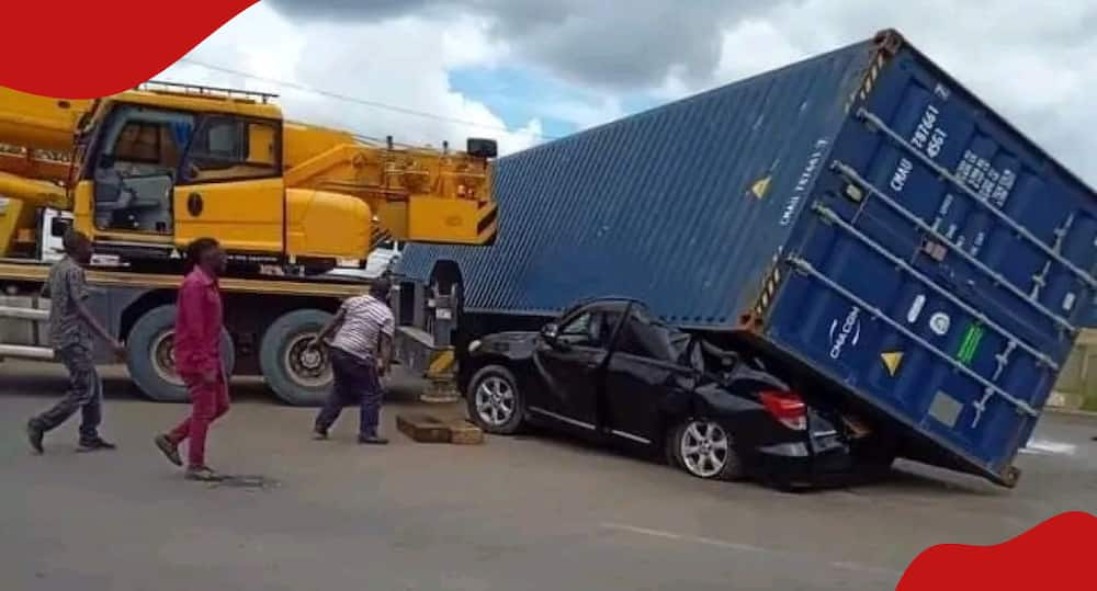 Huge blue trailer crashes into small car in Utawala, Nairobi.