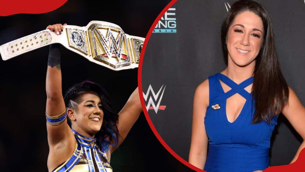 A collage of Bayley at the WWE Women's Championship during Night Two at Lincoln Financial Field and Bayley at the WWE Mae Young Classic